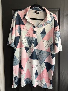 Geometric Short-Sleeve Polo in Pink & Navy